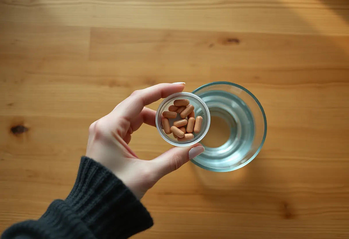 Une main féminine tient un contenant circulaire de comprimés posé sur une table en bois, avec un verre d'eau à côté, éclairée naturellement.