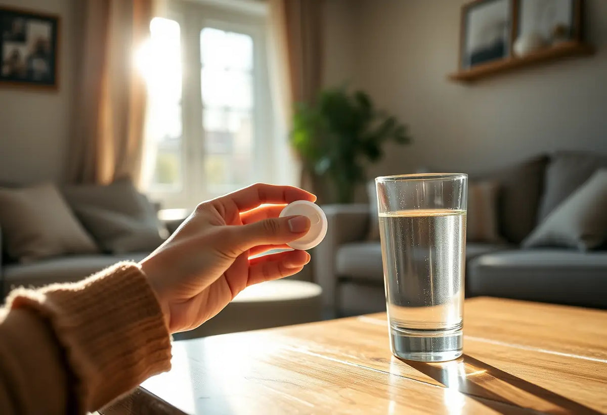 Une main féminine tenant un contenant rondelet en plastique près d'un verre d'eau dans un salon chaleureux