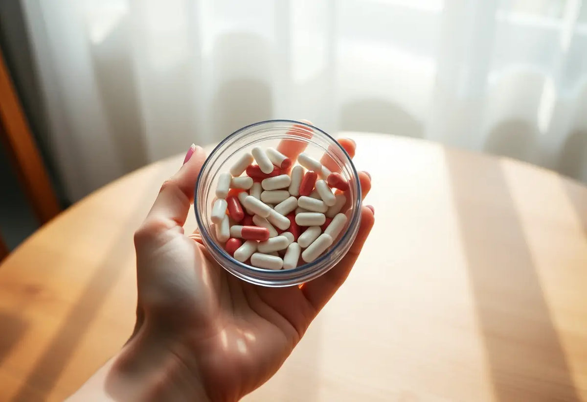Une main féminine tient un contenant en plastique avec des comprimés, sur une table en bois, sujet contraception