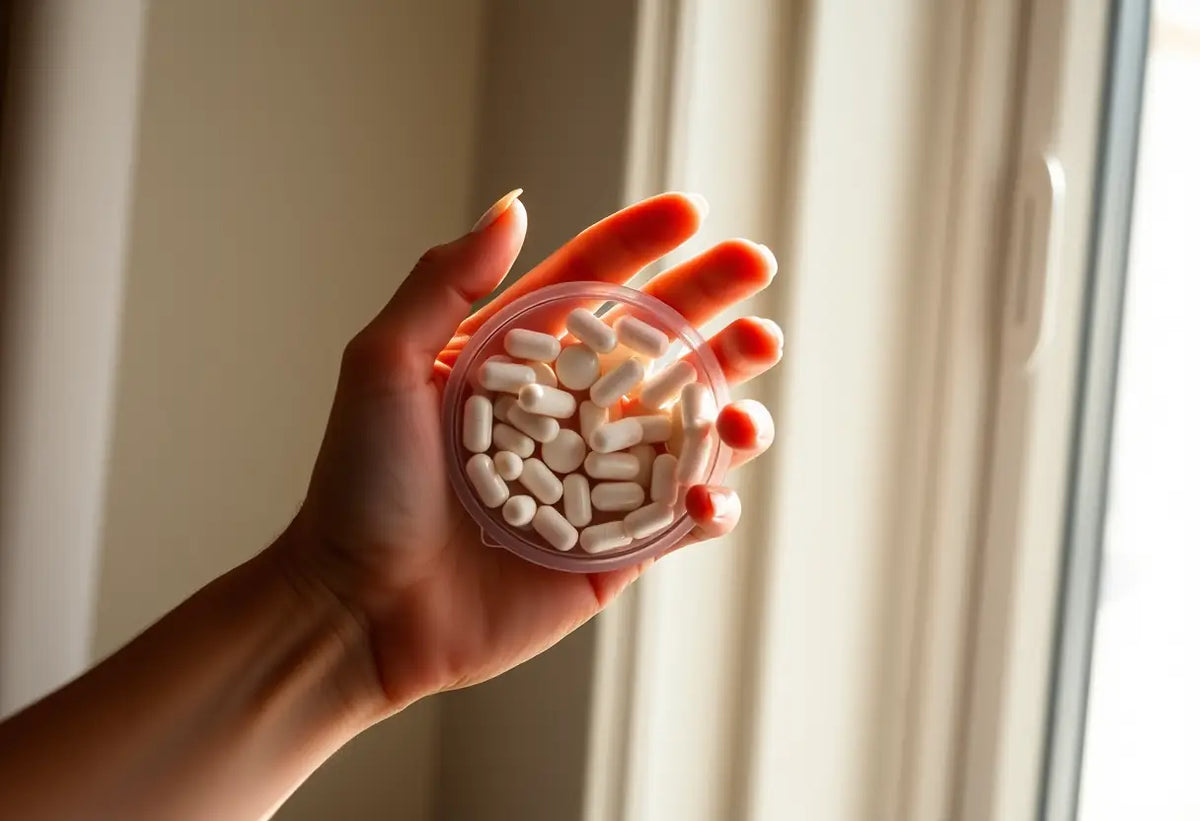 Main de femme tenant un boîtier plastique circulaire avec des comprimés