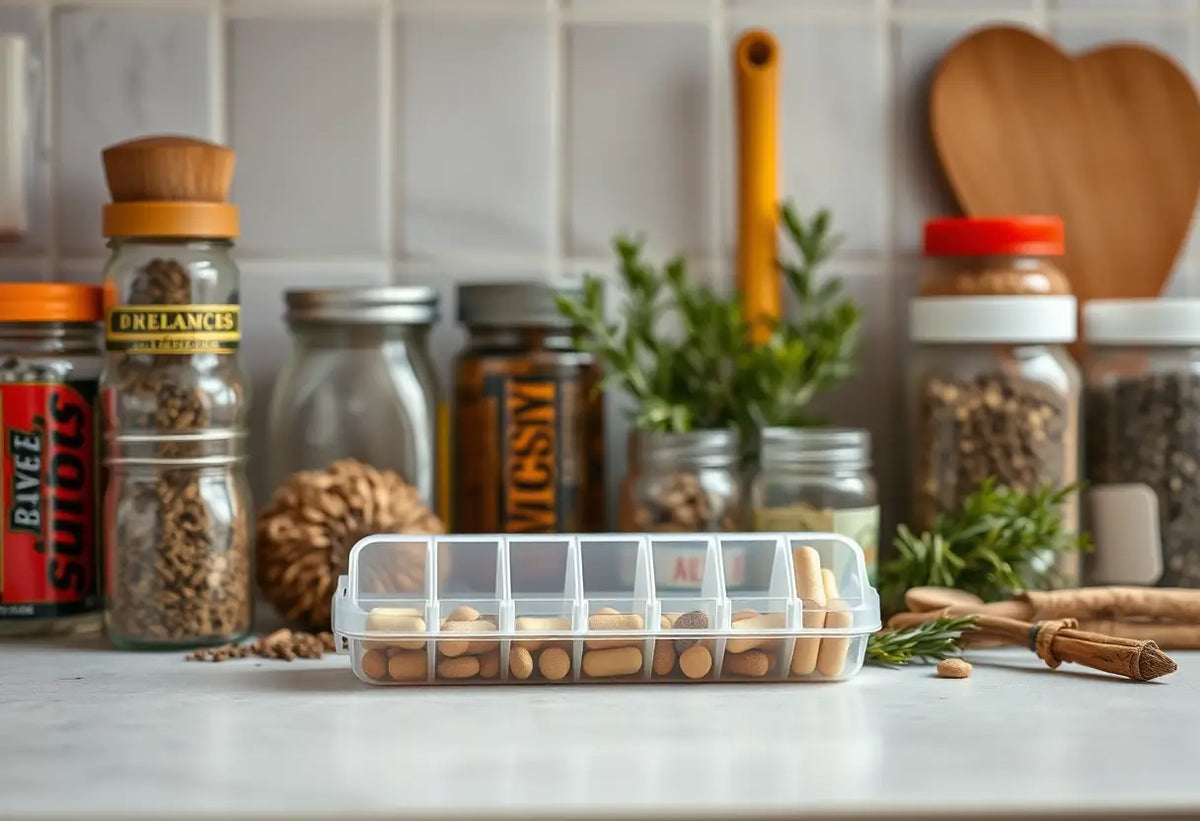 Étagère de cuisine avec diverses épices et herbes, y compris du romarin et du thym, avec un organisateur de médicaments en vue