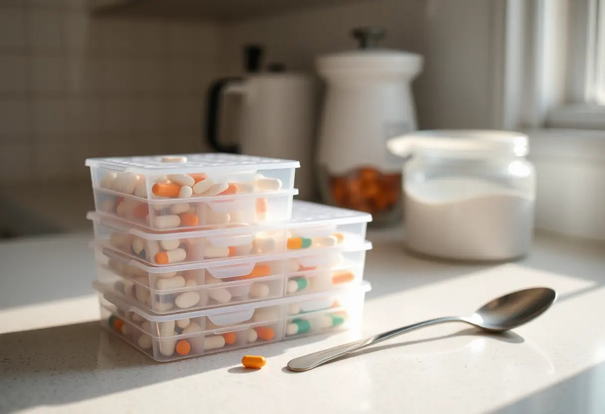 Un ensemble d'organiseurs de médicaments sur un comptoir de cuisine