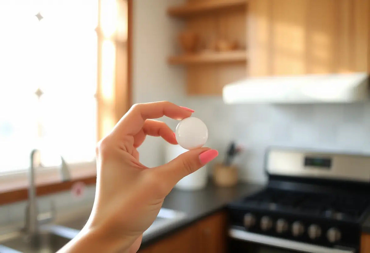 Une main féminine tenant une petite pilule blanche devant une fenêtre de cuisine, éclairée par la lumière du jour.