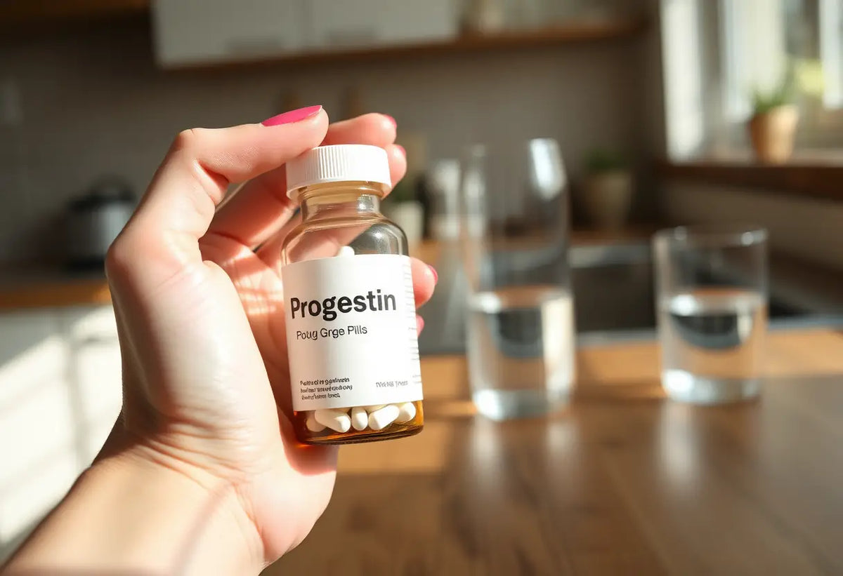 Une main féminine tient une bouteille de comprimés progestatifs dans une cuisine, prise de poids et contraception.