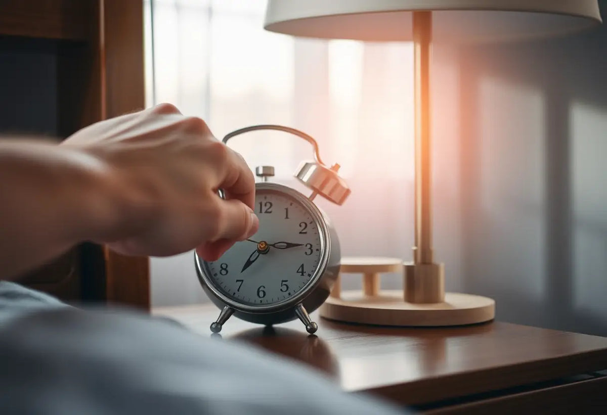 Une main ajuste un réveil numérique sur une commode, éclairée par la lumière du matin.