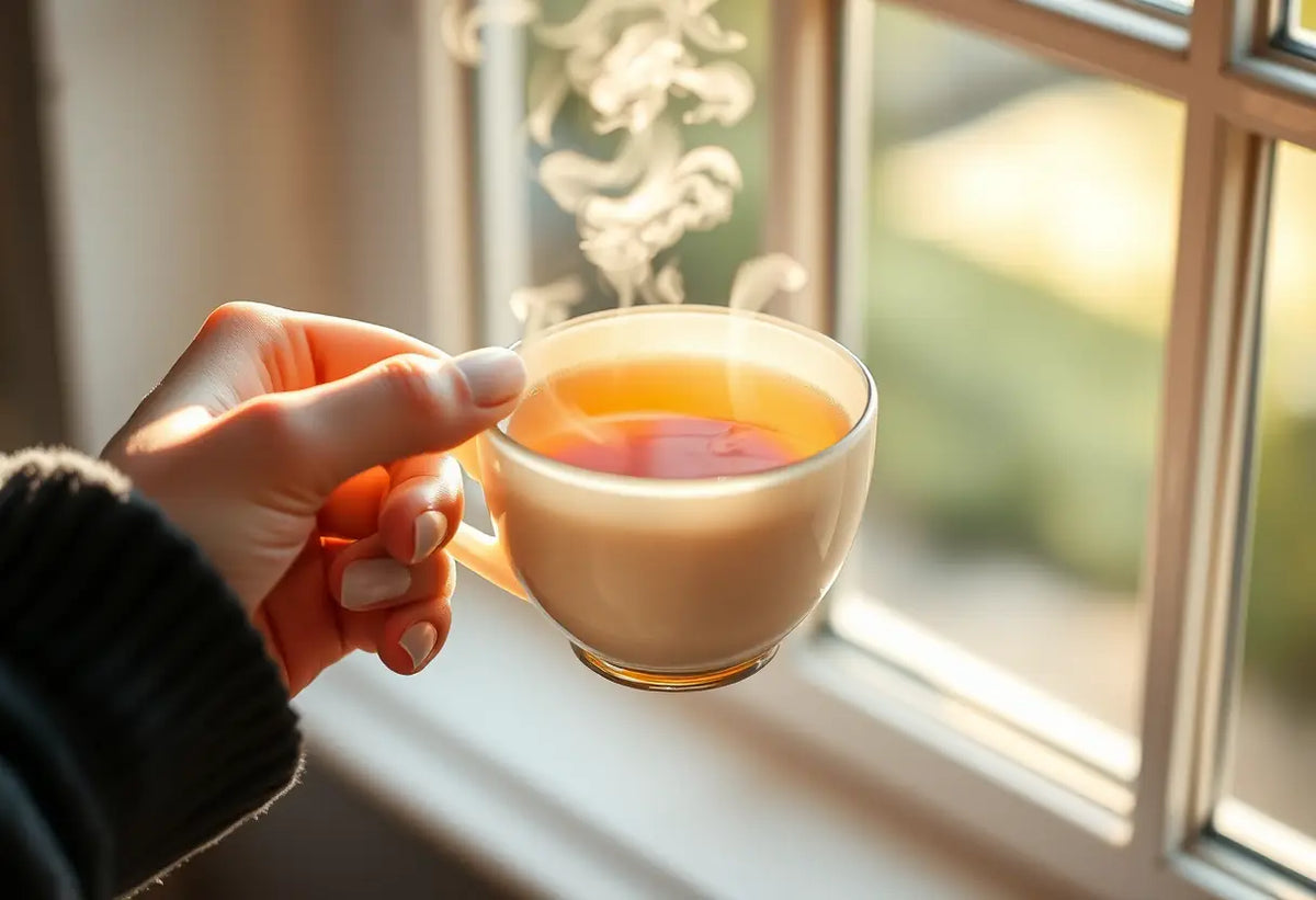 Une main féminine tenant une tasse de thé chaud pour illustrer la baisse de libido