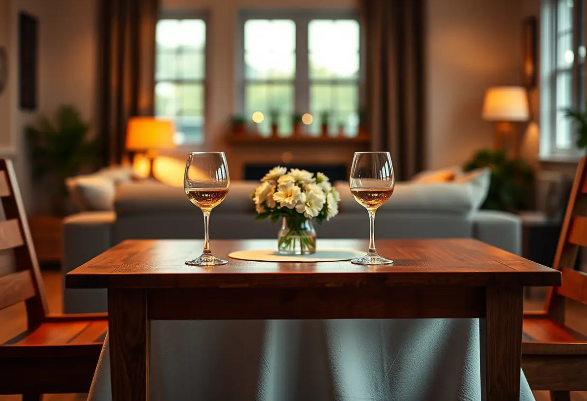 Un couvert pour deux personnes avec des verres de vin sur une table dans une pièce accueillante