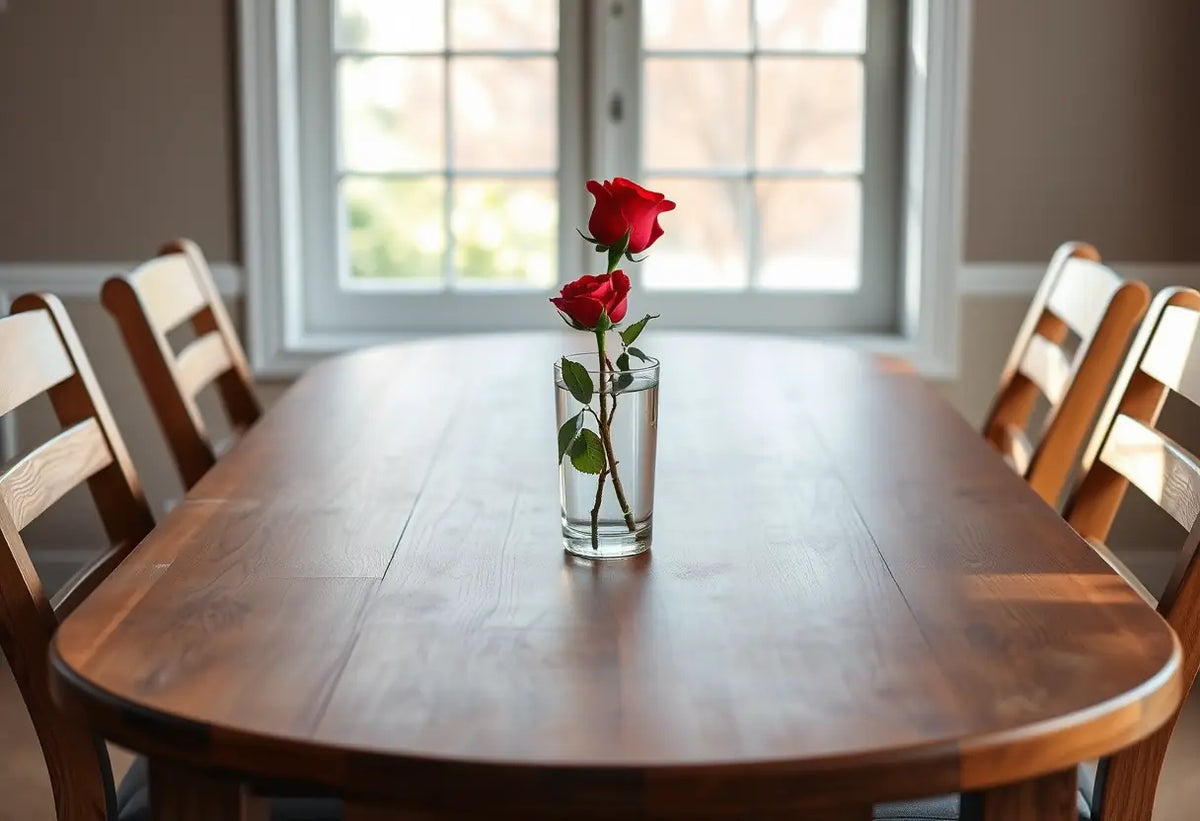 Un couvert avec une rose sur une table de salle à manger, symbolisant le silence dans l'intimité