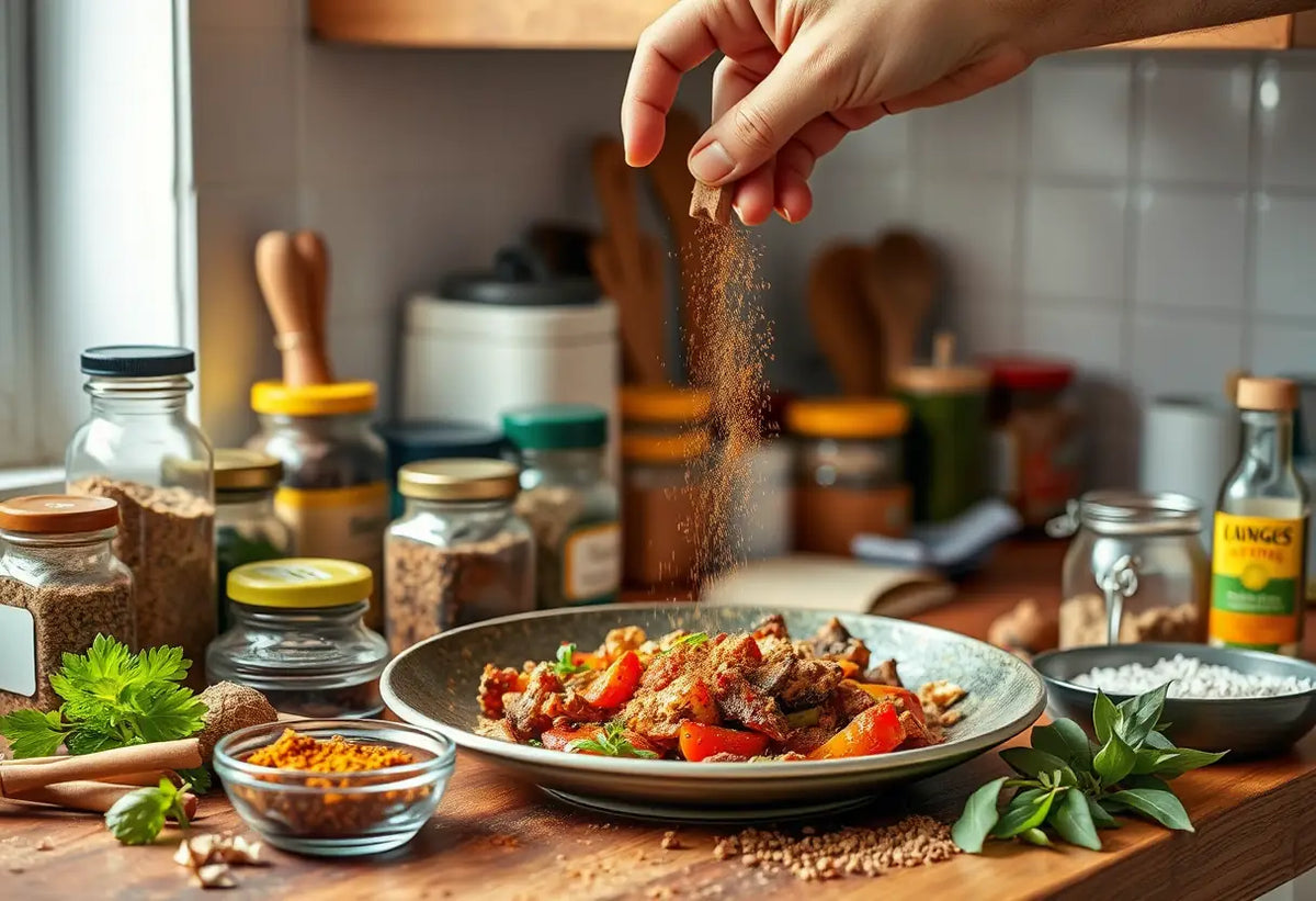 Un plan de travail de cuisine garni d'épices et de bocaux, une main verse de la cannelle dans un plat