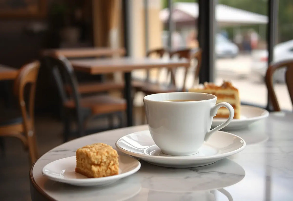 Un café accueillant avec une tasse de thé et un morceau de gâteau