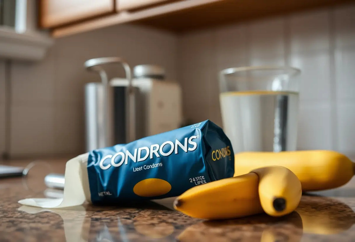 Un comptoir de cuisine avec un rouleau de préservatifs près d'un verre d'eau et d'une banane