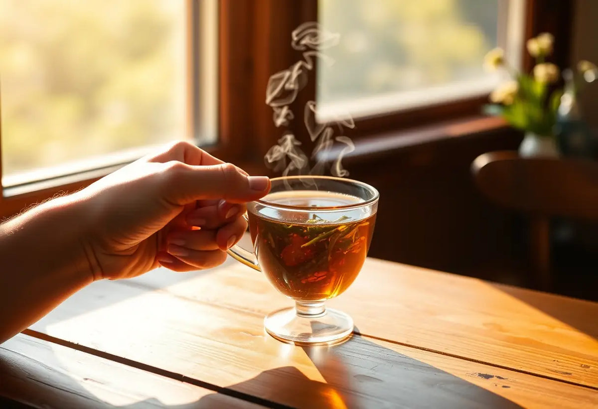 Une main tenant une tasse de thé herbeux sur une table en bois, lumière naturelle