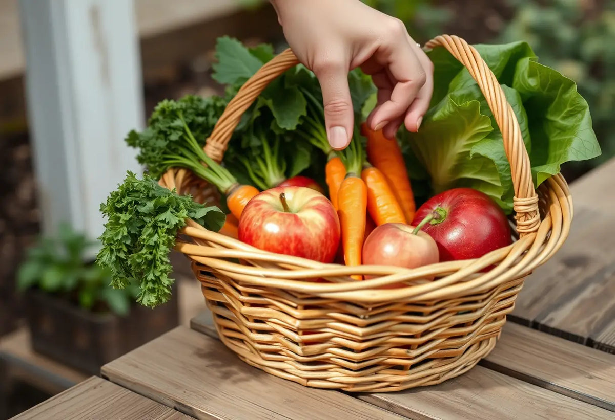 Une main plonge dans un panier tressé rempli de légumes et de fruits