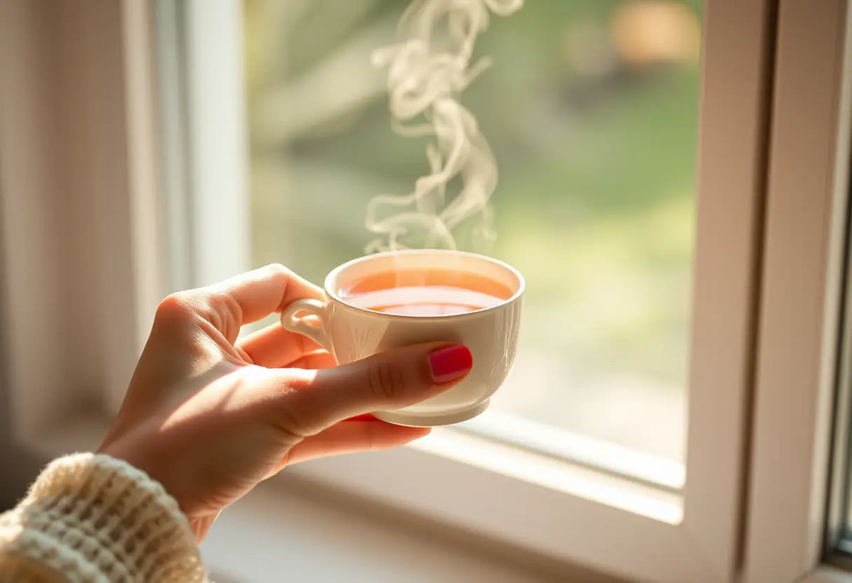 Une main tenant une tasse de thé herbeux, lumières naturelles apaisantes