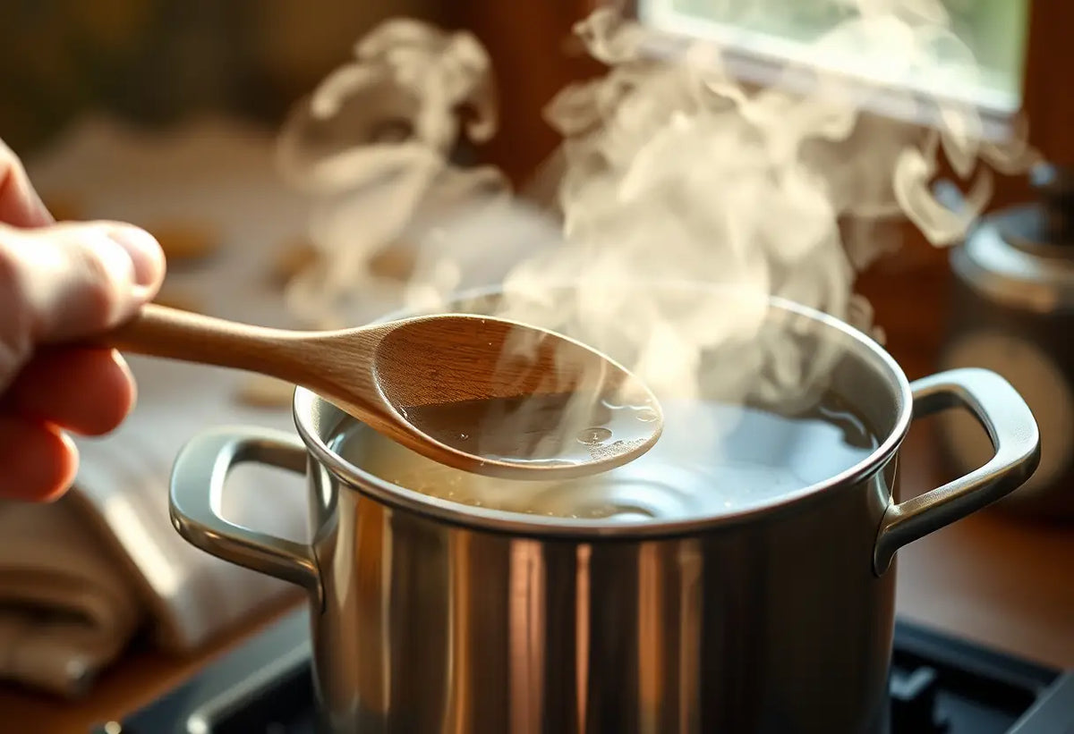 Une main tenant une cuillère en bois au-dessus d'une marmite de thé aux herbes, ambiance chaleureuse
