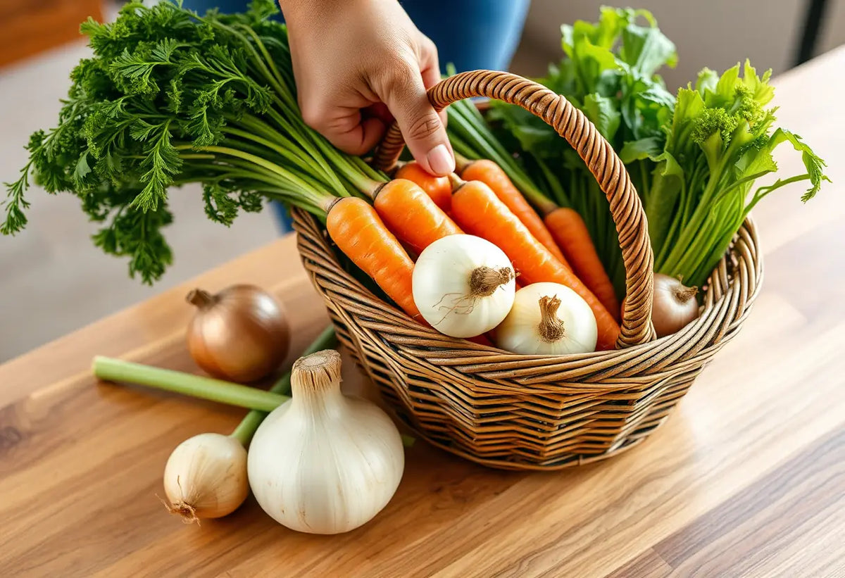 Une main plonge dans un panier en osier rempli de légumes frais, rappelant les bases d'une alimentation saine pour maintenir le désir.