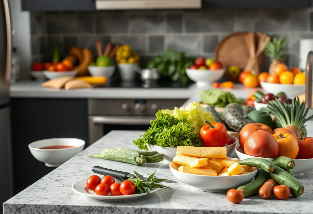 Un plan de travail de cuisine rempli de légumes et de fruits frais, représentant une alimentation équilibrée.