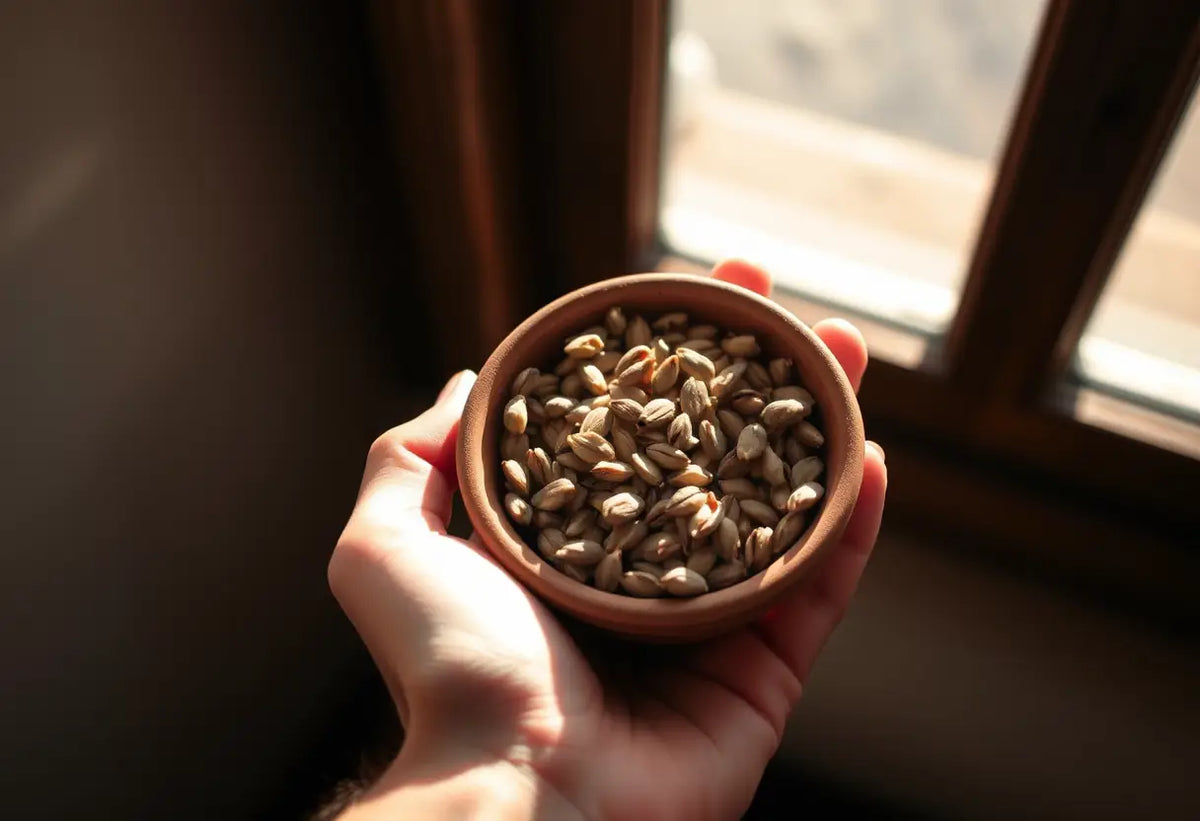 Une main tenant un petit pot en argile rempli de graines sèches