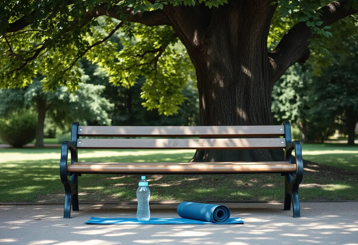 Banc de parc en bois avec bouteille d'eau et tapis de yoga