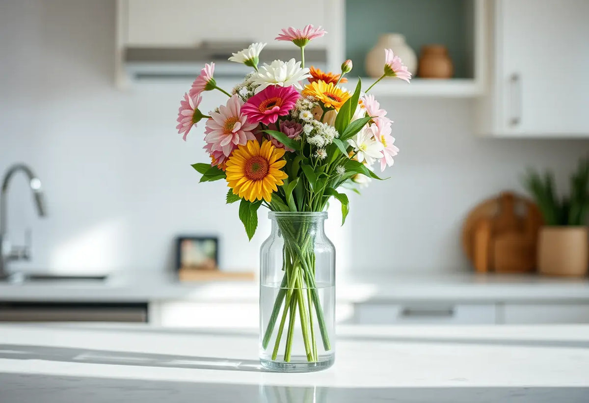Des mains disposent des fleurs fraîches dans un vase en verre clair sur un comptoir de cuisine, ambiance sereine