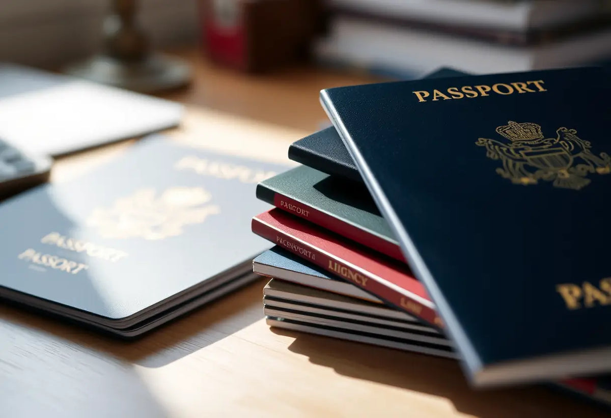 Un tas de passeports sur un bureau, chacun représentant un pays différent