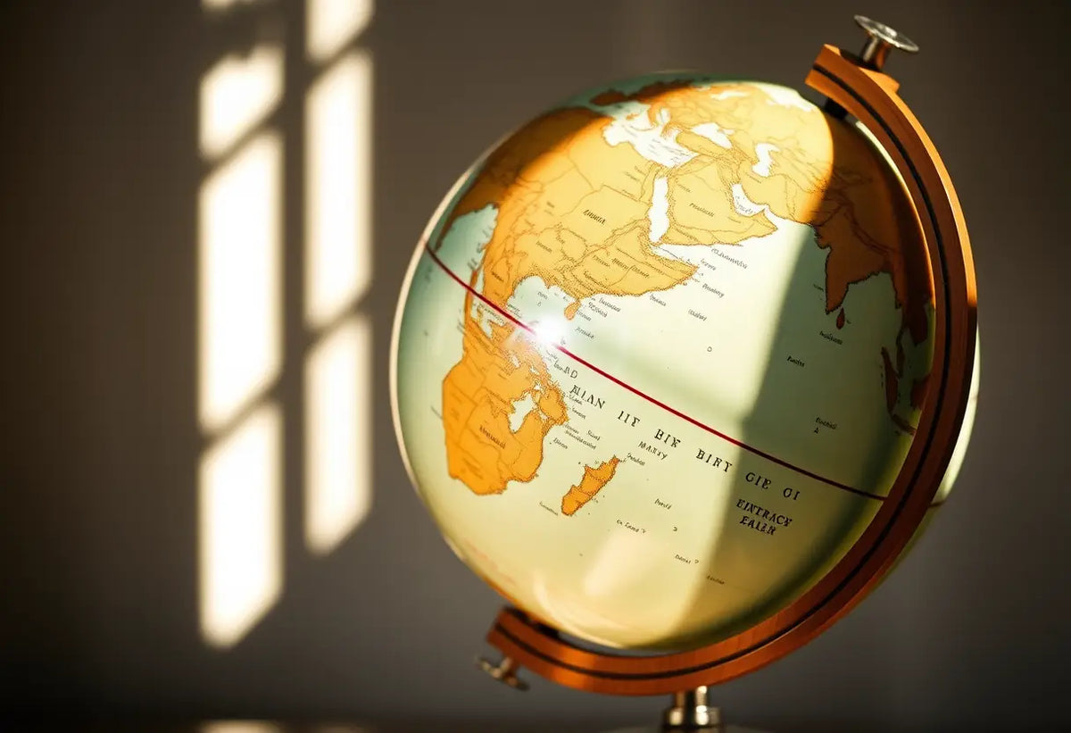 Globe sur un socle en bois avec la lumière du soleil mettant en valeur les continents et pays