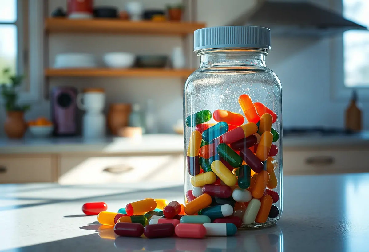 Bouteille pleine de médicaments colorés sur un comptoir de cuisine