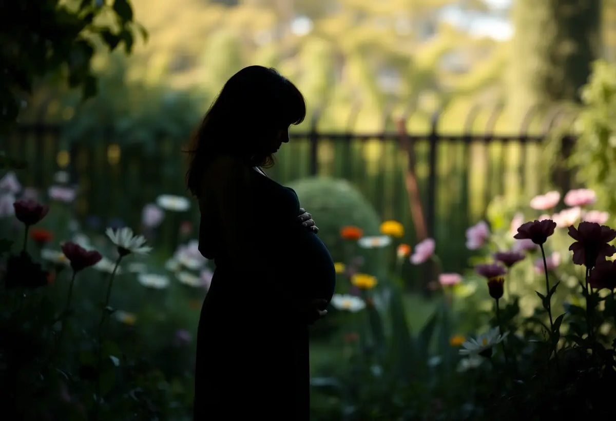 Femme en silhouette dans un jardin fleuri pendant la grossesse