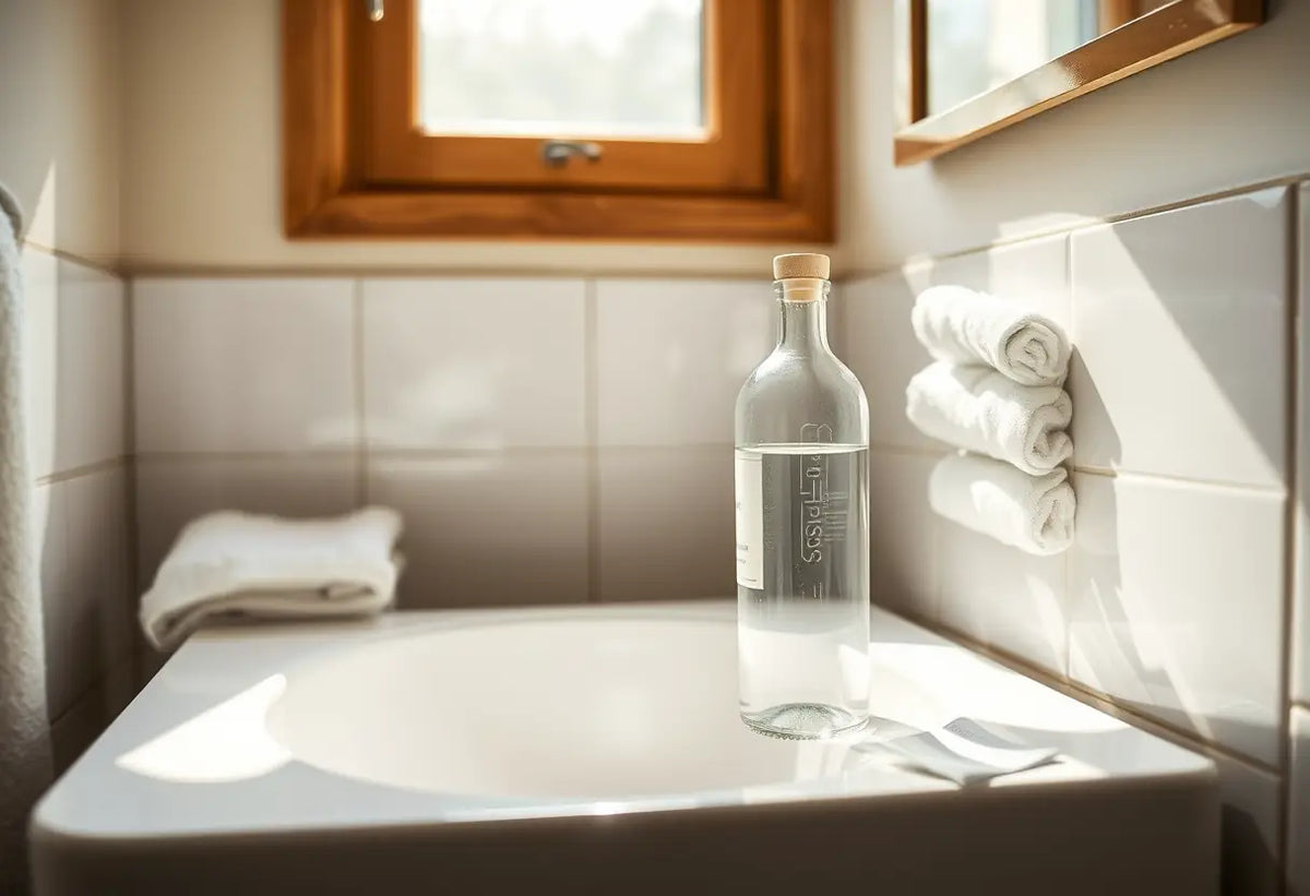 Un lavabo avec une bouteille de liquide clair et des serviettes pliées dans la salle de bains
