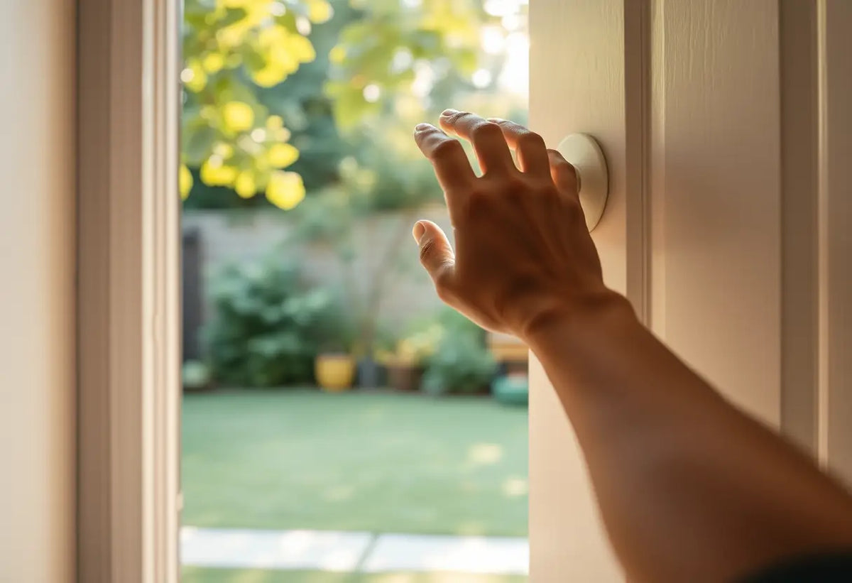 Une main tournant le bouton d'une porte menant à un jardin apaisant, représentant la transition des exercices intérieurs vers la récupération extérieure.