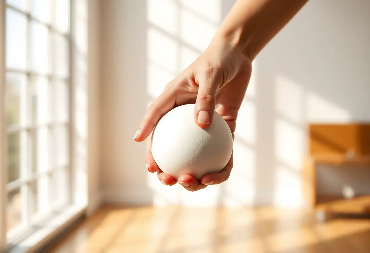 Main dans une pièce lumineuse tenant une balle de mousse ronde pour une rééducation périnéale.