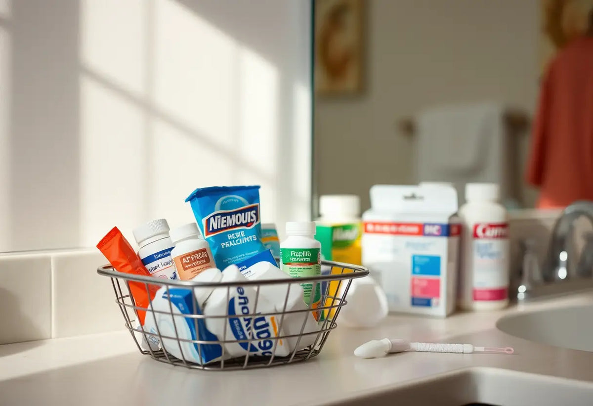 Produits hygiéniques féminins et médicaments sur un meuble de salle de bains