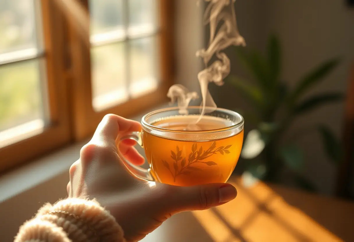 Une main tenant une tasse de thé herboriste, lumière naturelle