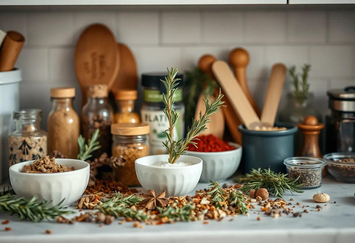 Comptoir de cuisine avec épices et herbes