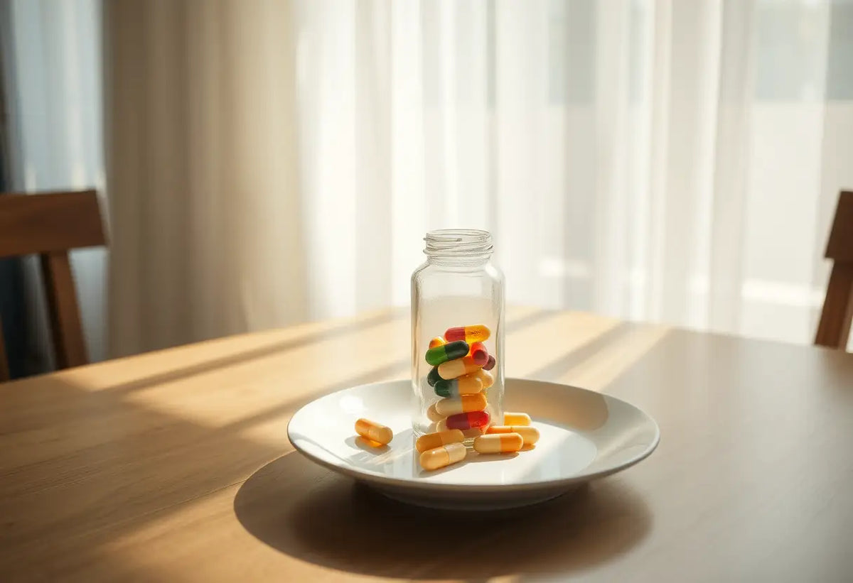 Bouteille en verre remplie de vitamines posée sur une assiette en porcelaine blanche sur une table de salle à manger éclairée par la lumière du soleil qui filtre à travers des rideaux fins
