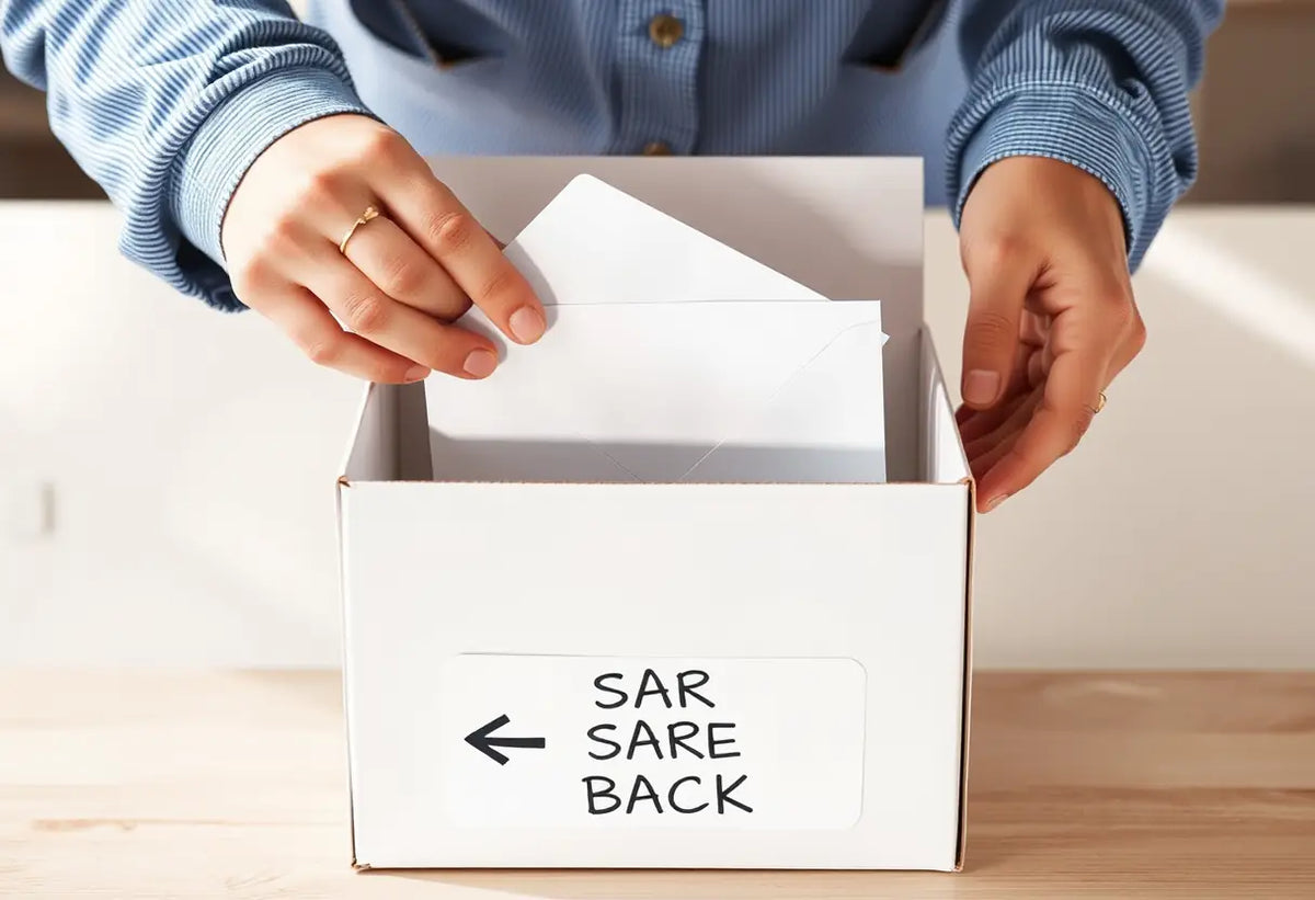 Des mains déposent un courrier contenant les résultats du spermiogramme dans une boîte de retour