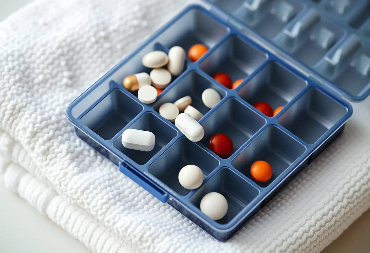 Un organisateur de médicaments avec des comprimés, indiquant la prise de médicaments avant la pose d'un stérilet.