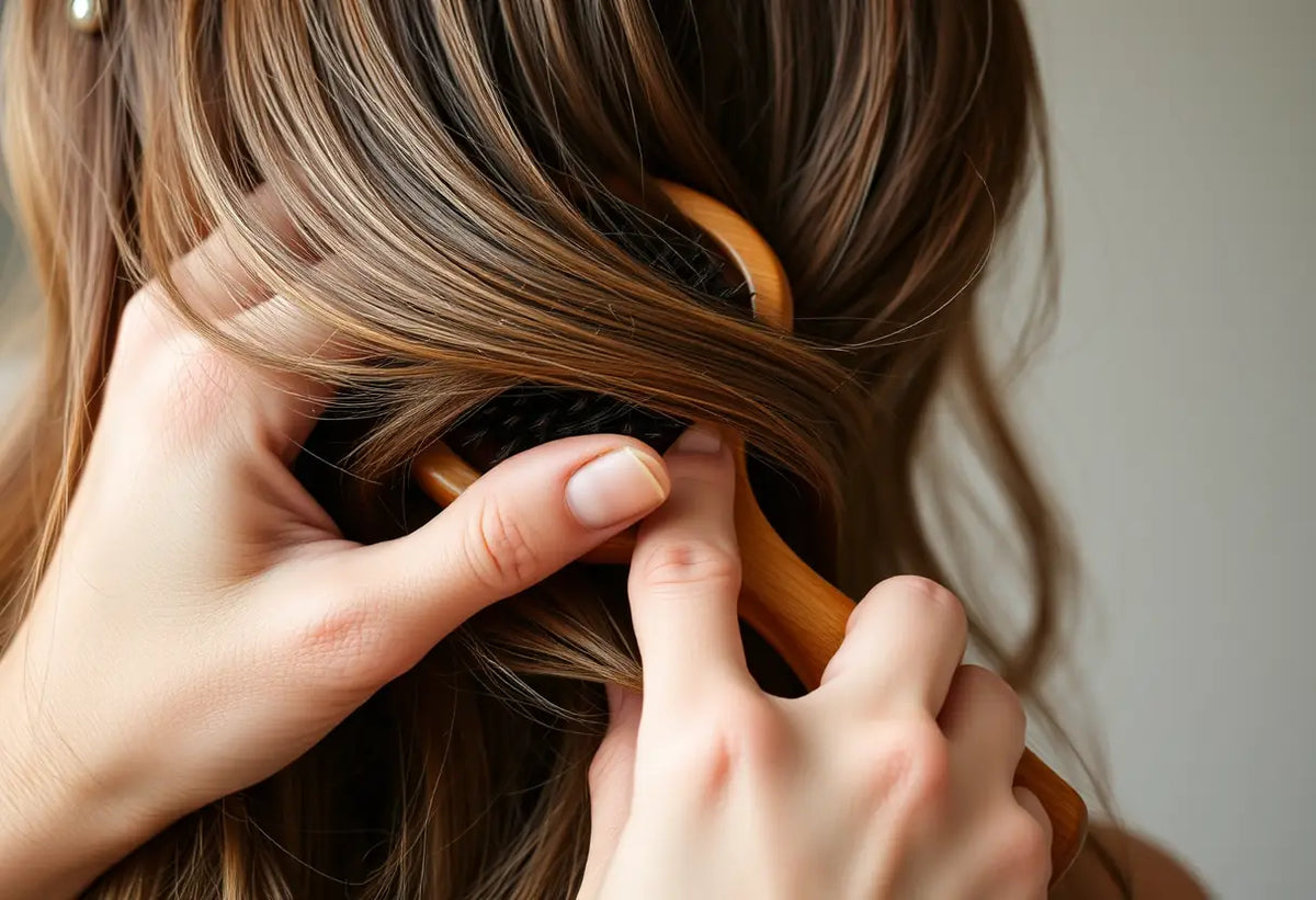 Une main tenant un pinceau en bois, brossant délicatement les cheveux, représente le soin apporté à soi-même