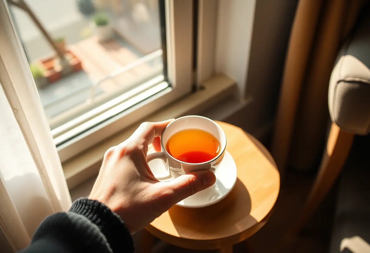 Une main tenant une tasse de thé dans une ambiance réfléchie et chaleureuse