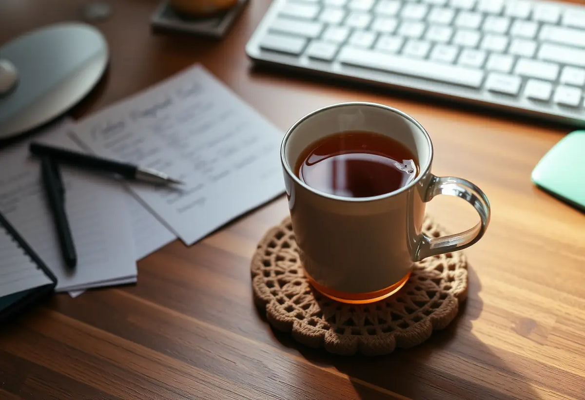 Une tasse de thé sur un plateau avec de légères volutes de vapeur