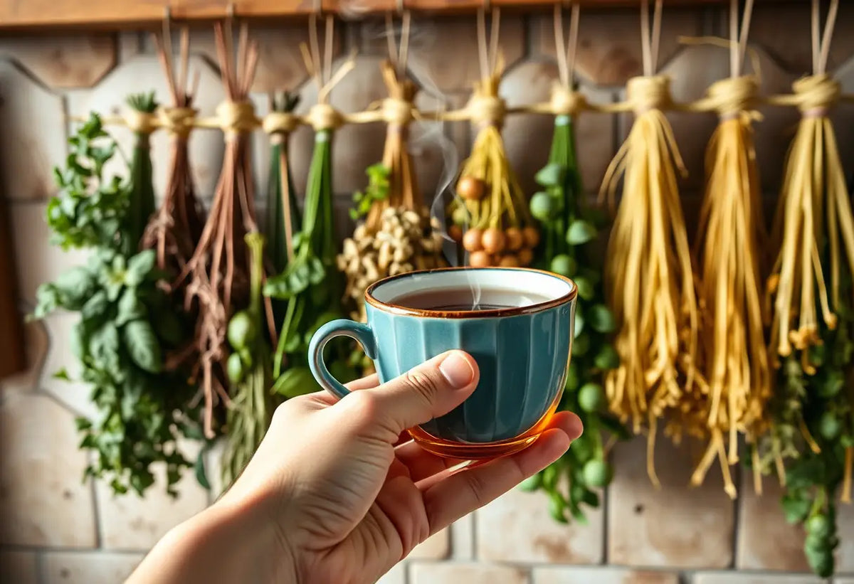 Une main tenant une tasse de thé herbeux avec des herbes sèches accrochées au fond