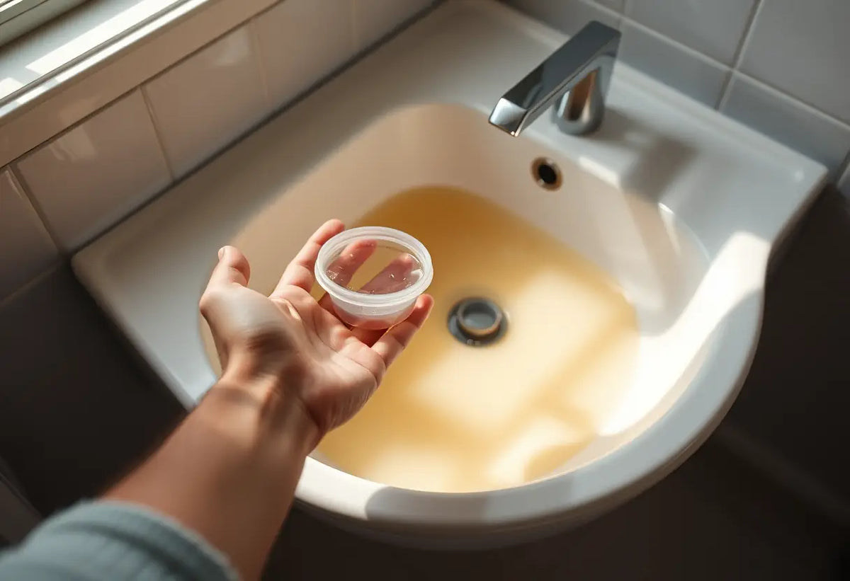 Un lavabo rempli d'eau chaude à côté duquel une main tient un petit récipient en plastique