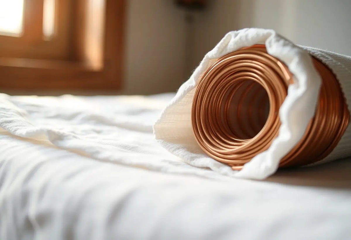 Coil de stérilet en cuivre sur un tissu blanc, lumière naturelle