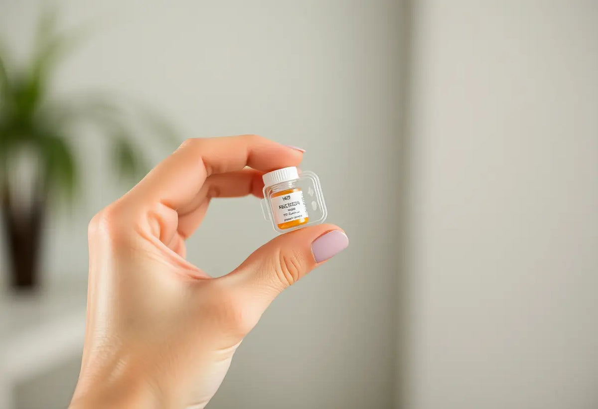 Une main féminine tenant une petite boîte en plastique avec des médicaments