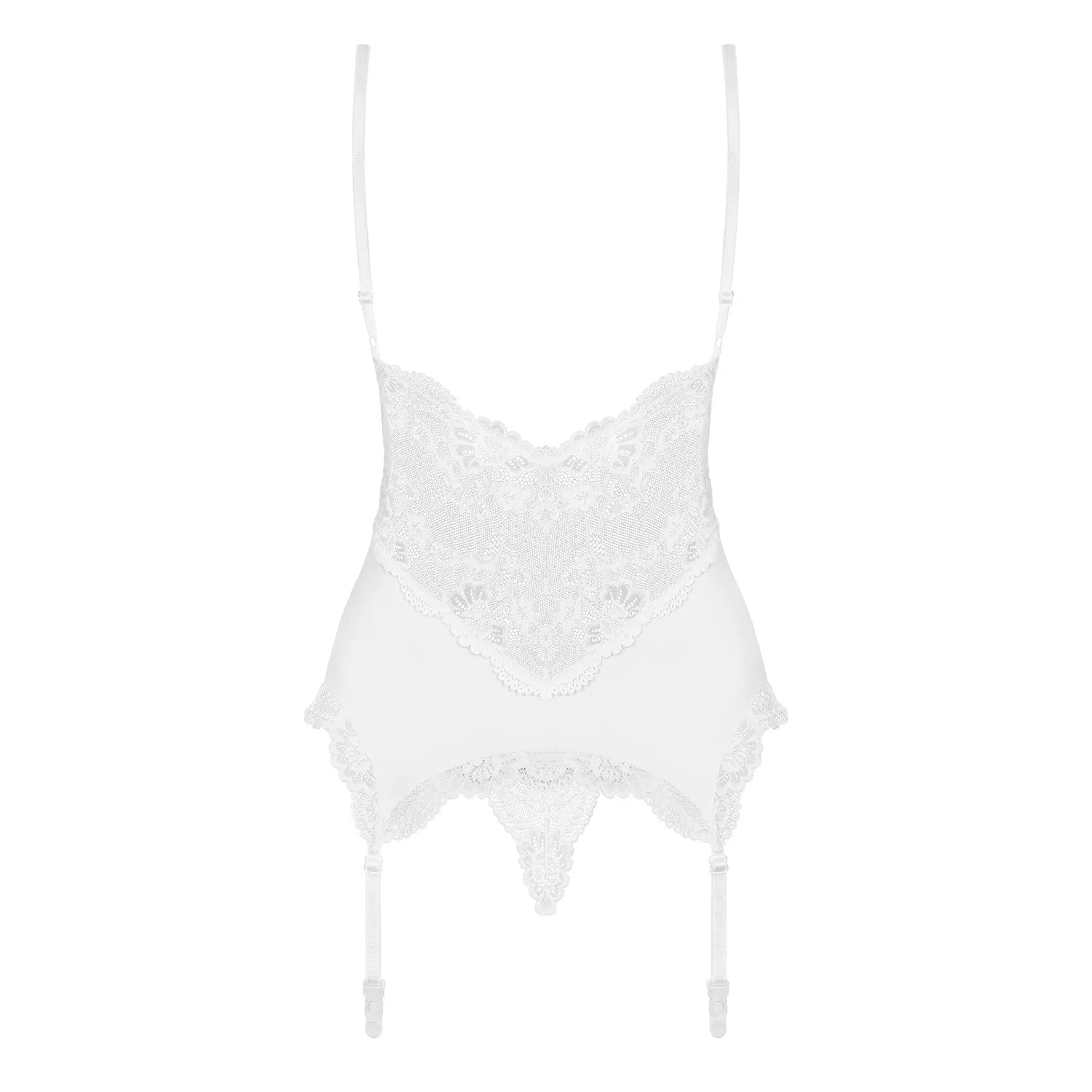 Guêpière blanche en dentelle avec jarretelles réglables, bonnets rembourrés, bretelles ajustables, string inclus.