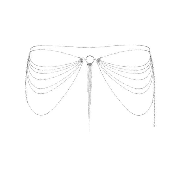 Chaîne taille argentée élégante, sublimant courbes féminines, avec détails raffinés pour hanches et fesses.