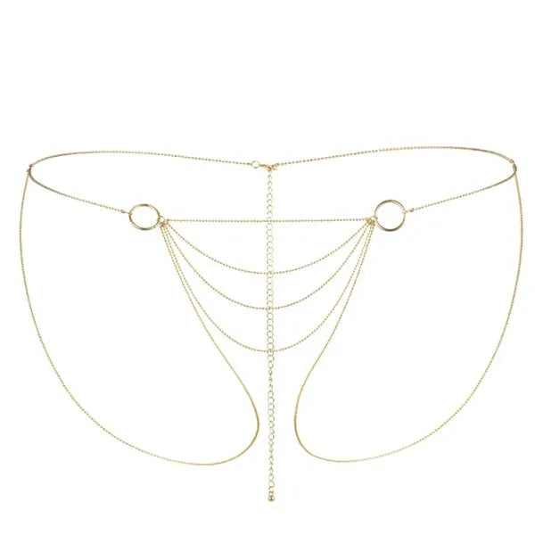Chaîne bikini dorée élégante avec anneaux et chaînes pendantes, accessoire mode estival chic pour la plage.