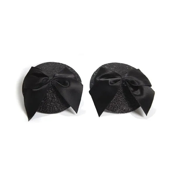 Cache-tétons noirs pailletés avec nœuds satin, style burlesque, accessoire lingerie élégant et séduisant.