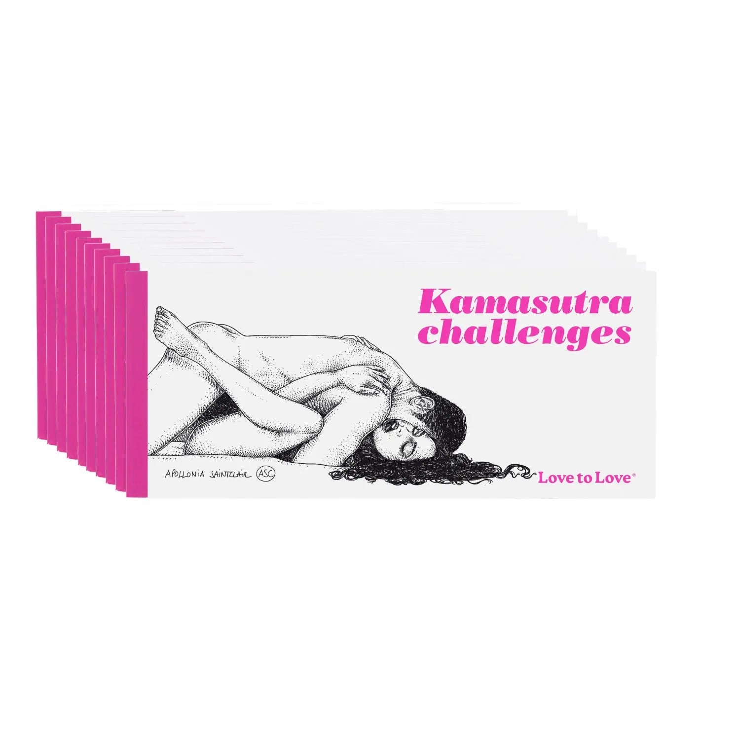 Chéquier Kamasutra Challenges, couverture blanche avec illustration artistique, texte rose, 20 propositions sensuelles.
