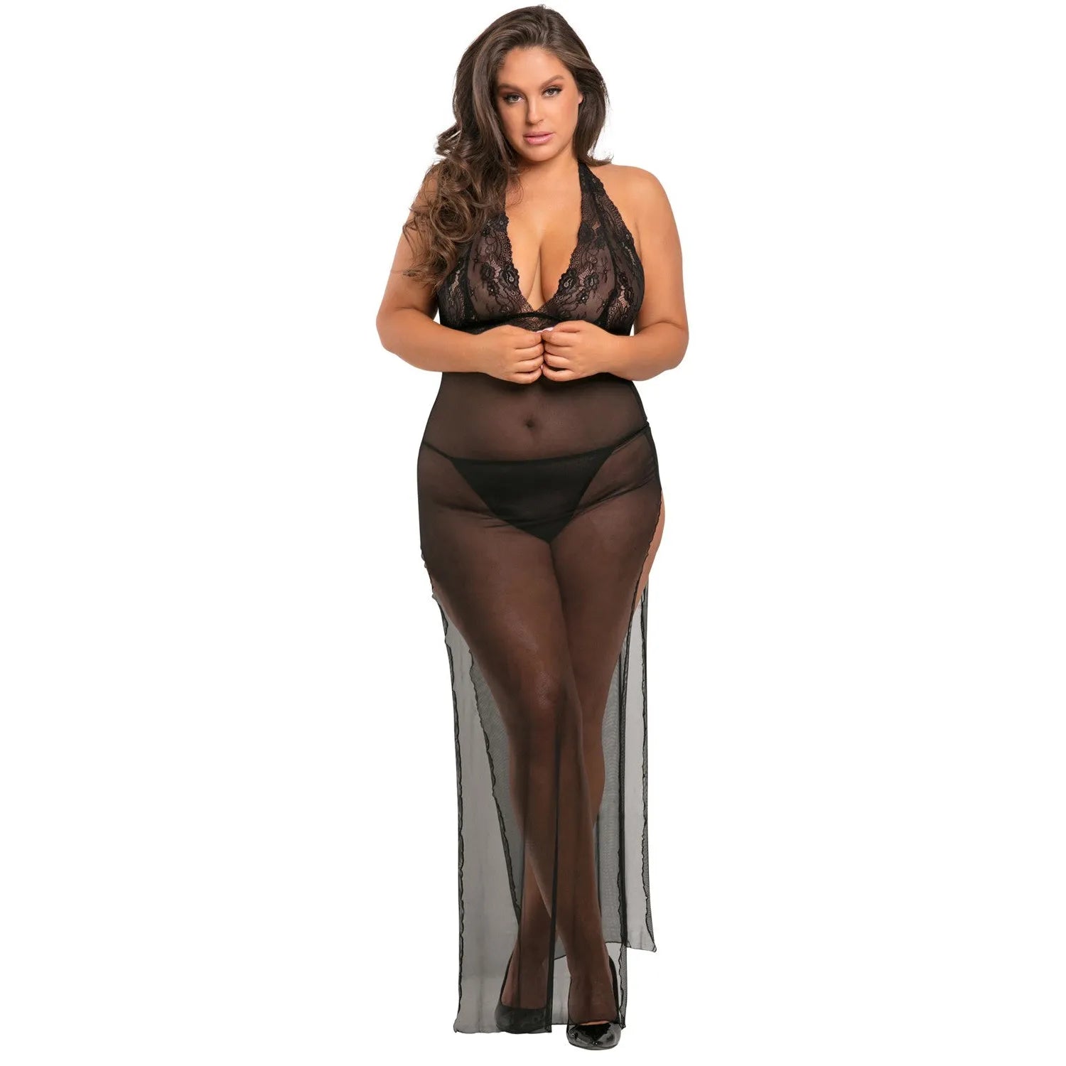Nuisette longue transparente grande taille noire dentelle sexy fendue string inclus